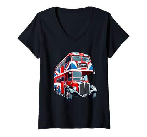 Damen London Double Decker Bus Design Union Jack Flagge London T-Shirt mit V-Ausschnitt Damen London Double Decker Bus Design Union Jack Flagge London T-Shirt mit V-Ausschnitt von London Lovers UK Flag Bus Design