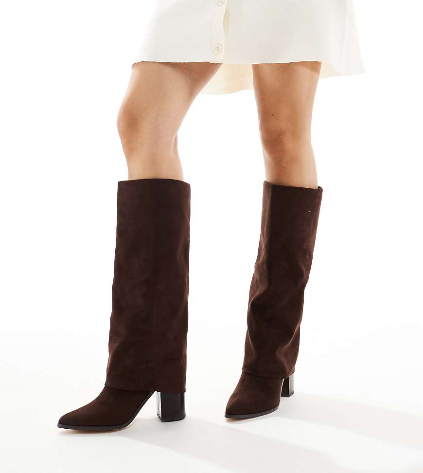 London Rebel Wide Fit - Elena - Kniehohe Stiefel in Schokobraun mit Umschlag, weite Passform-Brown von London Rebel Wide Fit