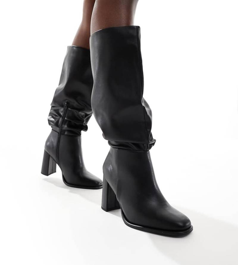 London Rebel Wide Fit - Maggie - Stiefel in Schwarz mit lockerem Schaft und Blockabsatz, weite Passform von London Rebel Wide Fit