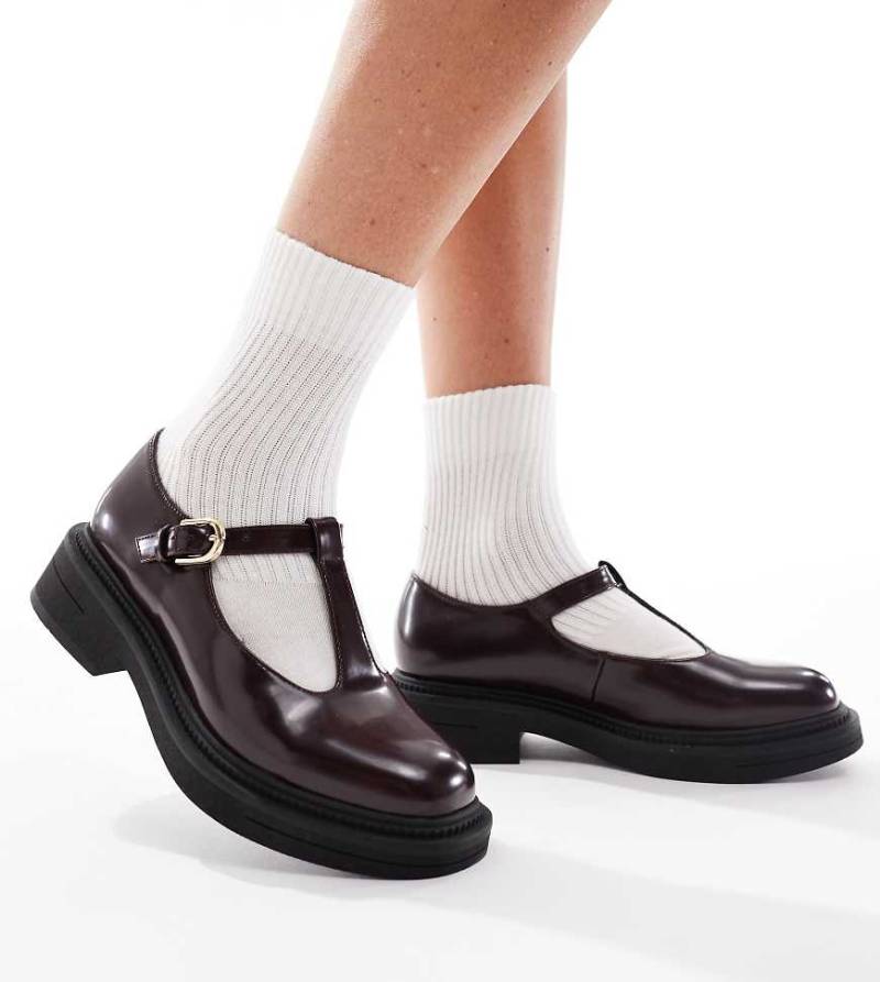 London Rebel Wide Fit - Sophia - Mary-Jane-Schuhe in Burgunderrot mit dicker Sohle von London Rebel Wide Fit