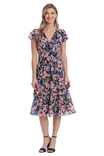 London Times Damen Doppel Flatterärmel Surplice Stufig Midi Kleid, Marineblau/Pink, 42 von London Times