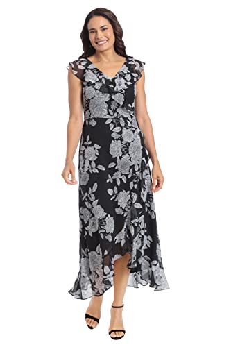 London Times Damen Kleider Chiffon Faux Wrap Rüschen Maxikleid Gast der Hochzeit, Schwarz/Weiß, 36 von London Times