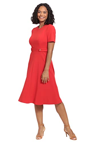 London Times Damen Kurzarm Crêpe Fit und Flare Midi mit Taillenknopfleiste, Echtes Rot, 42 von London Times