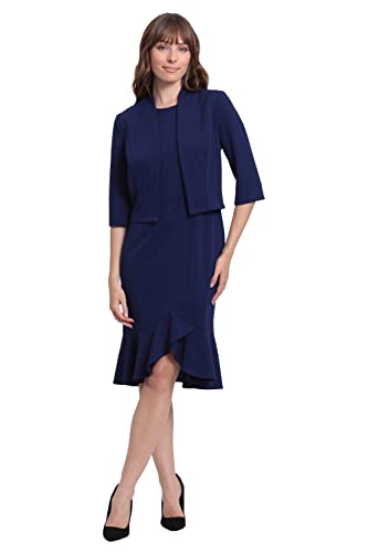 London Times Damen Mantel Kleider Poliert Volant Saum Scheide mit Jacke Cardigan Büro Karriere Gast der Mutter der Braut, Mitternachtsmarineblau, 40 von London Times