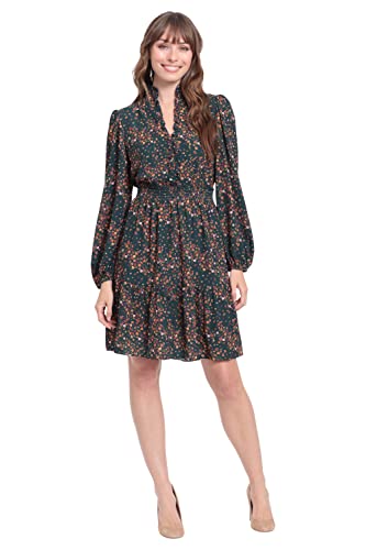 London Times Damen Stand Collar Tiered Dress with Smocking and Ruffle Details Damenkleider Stehkragen Stufenkleid mit gesmokten und Rüschendetails, Blaugrün/Pflaume, 48 Mehr von London Times