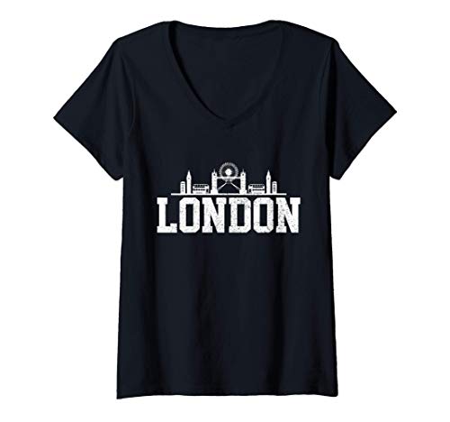 Damen London Skyline UK England Union Jack Flagge Großbritannien T-Shirt mit V-Ausschnitt Damen London Skyline UK England Union Jack Flagge Großbritannien T-Shirt mit V-Ausschnitt von London UK Apparel & Souvenirs