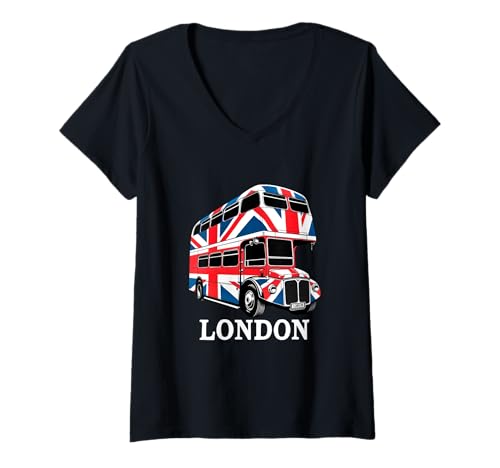 Damen London Double Decker Red Bus Design UK Flagge London T-Shirt mit V-Ausschnitt von London Union Jack Flag Bus Design