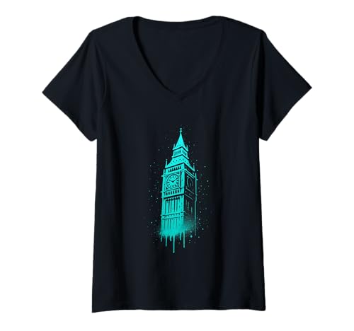 Damen Graffiti-Illustration mit Big Ben aus London, Großbritannien T-Shirt mit V-Ausschnitt Damen Graffiti-Illustration mit Big Ben aus London, Großbritannien T-Shirt mit V-Ausschnitt von London Walls