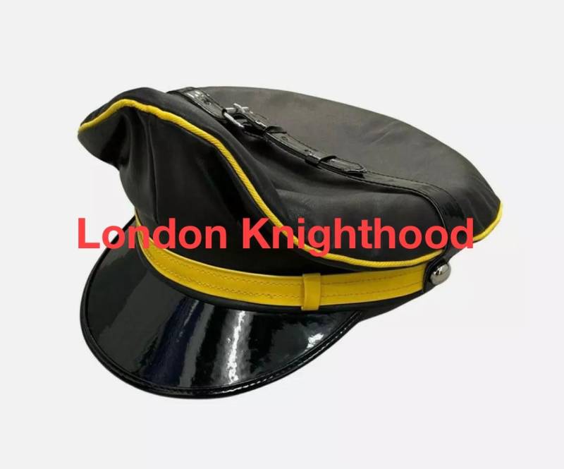 Gelb Trimmen Echtes Leder Schwarz Armee Muir Biker Peak Polizei Gay Bluf Cap von Londonknighthood