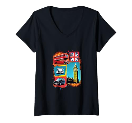 Damen Londoner Pop-Art-Stil im Retro-Stil T-Shirt mit V-Ausschnitt Damen Londoner Pop-Art-Stil im Retro-Stil T-Shirt mit V-Ausschnitt von Londonseite Shirts