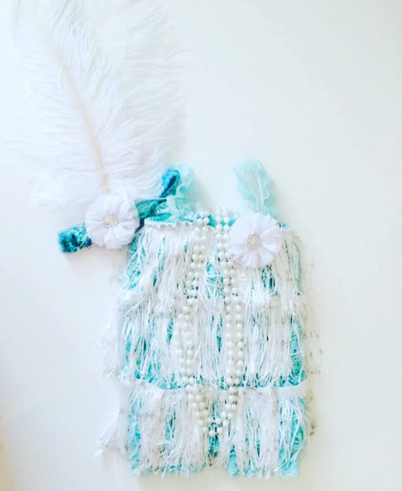 Aqua Lace Strampler Mit Glitzernden Fransen Und Einem Passenden Pailletten Feder Stirnband. Flapper Girl. Tolle Gatsby Party. Roaring 20Er Jahre von LondyRose
