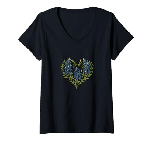 Damen Texas Bluebonnets State Pride Art in Herzform mit Wildblumenmotiv T-Shirt mit V-Ausschnitt Damen Texas Bluebonnets State Pride Art in Herzform mit Wildblumenmotiv T-Shirt mit V-Ausschnitt von Lone Star Bloom Studio