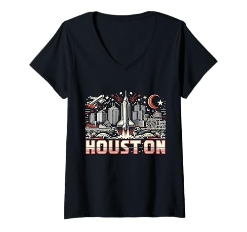 Damen Vintage-Skyline von Houston, Texas, im Retrostil T-Shirt mit V-Ausschnitt Damen Vintage-Skyline von Houston, Texas, im Retrostil T-Shirt mit V-Ausschnitt von Lone Star Vintage Co.