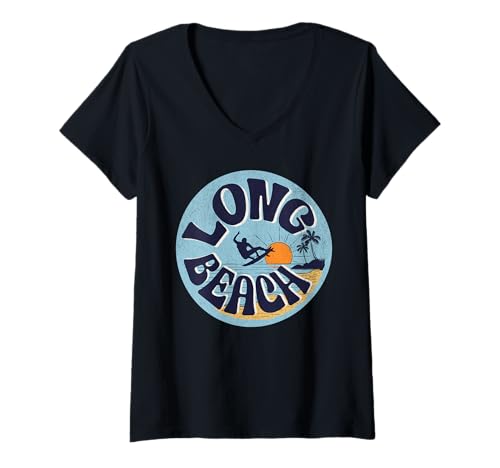 Damen Langer Strand T-Shirt mit V-Ausschnitt Damen Langer Strand T-Shirt mit V-Ausschnitt von Long Beach California Surfing Surf Ocean Vintage