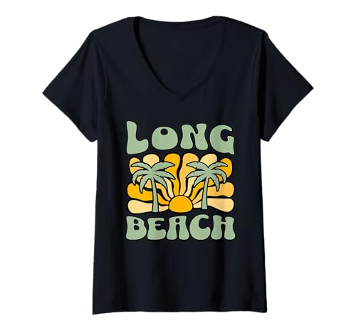 Damen Langer Strand T-Shirt mit V-Ausschnitt Damen Langer Strand T-Shirt mit V-Ausschnitt von Long Beach California Surfing Surf Ocean Vintage