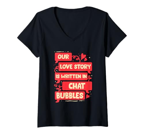 Damen Fernbeziehung Love Story Wirtten In Chat Bubbles T-Shirt mit V-Ausschnitt von Long Distance Relationship Onlinebeziehung