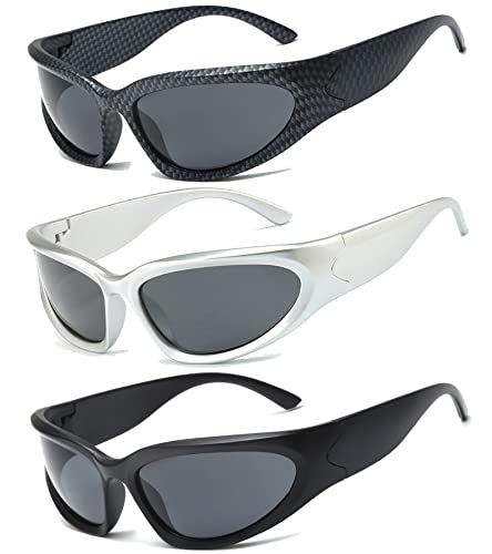 Long Keeper 3 Paar Futuristisch Vintage Sonnenbrille für Herren Damen Y2K Retro Sonnenbrille Wrap Around UV400 Radsportbrillen Fahrradbrille Sportbrille von Long Keeper