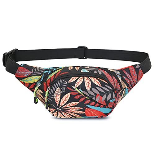 Long Keeper Bauchtasche Damen Herren Stylisch Multifunktionale Bauchtasche Gürteltasche Groß Verstellbare Träger Hüfttasche Fanny Pack für Outdoor Reise Sport Schwarz Rot Blatt Muster von Long Keeper