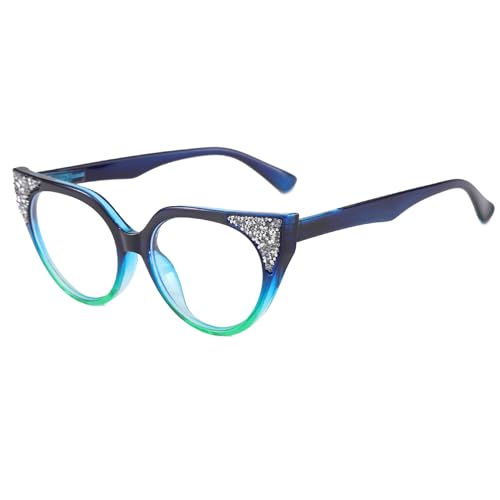 Long Keeper Blaulichtfilter Brille für Damen Katzenauge Strass Anti Blaulicht Computerbrille Diamant BlauLicht Blockierende Brille Anti Blendung Gamingbrille (Blau Grün) von Long Keeper