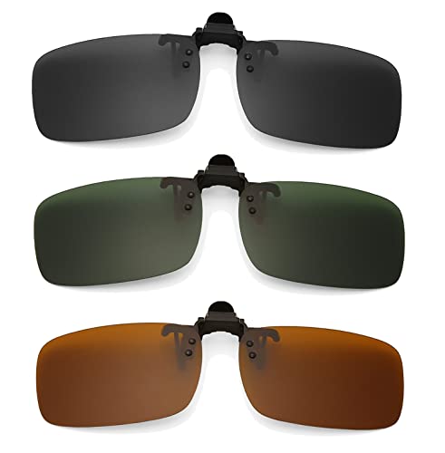 Long Keeper Clip-on Sonnenbrille - 3 Paar polarisierte Clip on Flip Up Sonnenbrille über Brille für Männer Frauen Outdoor Fahren Angeln, Grau + Braun + Dunkelgrün von Long Keeper