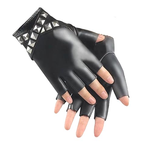 Long Keeper Fingerlose Lederhandschuhe Damen Handschuhe Leder Nieten Punk Costume Halbfinger Frauen Handschuhe Goth für Halloween Cosplay Moto, Einheitsgröße von Long Keeper