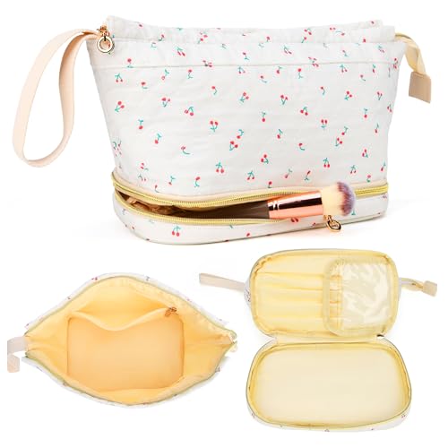 Long Keeper Florale Kosmetiktasche Damen Baumwolle Doppelschicht Große Make-up Tasche Blume Reise Kulturtasche Tragbarer Organizer Waschtasche (Kirsche) von Long Keeper