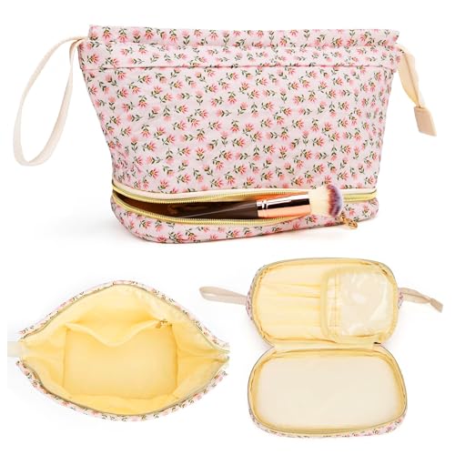 Long Keeper Florale Kosmetiktasche Damen Baumwolle Doppelschicht Große Make-up Tasche Blume Reise Kulturtasche Tragbarer Organizer Waschtasche (Rot Blume) von Long Keeper