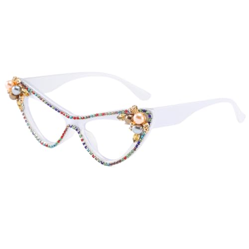 Long Keeper Katzenaugen Blaulichtfilter Brille Damen Strass Anti Blaulicht Computerbrille BlauLicht Blockierende Brille Retro Kristall Gamingbrille (Weiß) von Long Keeper