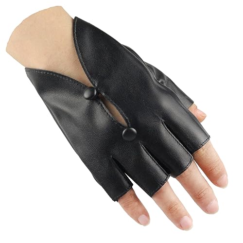 Long Keeper Lederhandschuhe Fingerlose für Damen Ungefüttert Halbfinger Handschuhe Leder Schwarz Punk Hip Hop Costume für Fahren Cosplay Tanz, One Size von Long Keeper
