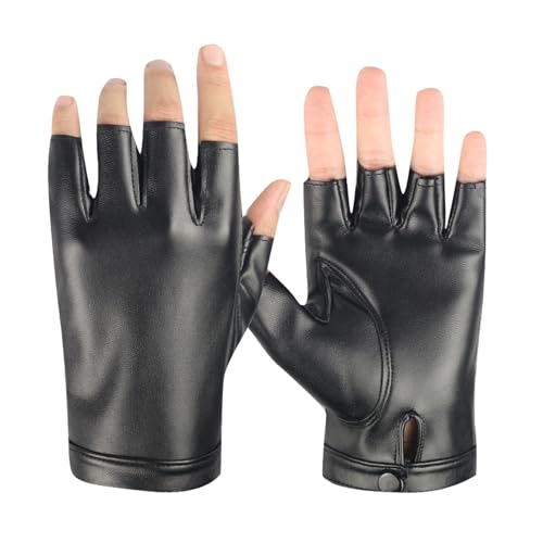 Long Keeper Lederhandschuhe Fingerlose für Herren Damen Ungefüttert Schwarze Halbfinger Handschuhe Leder Punk Costume für Autofahrer Fahren Cosplay Outdoor von Long Keeper