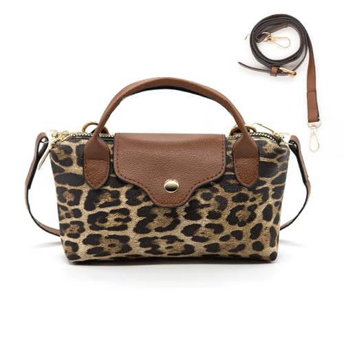 Long Keeper Mini Crossbody Bag Damen Kunstleder Umhängetasche Tote Kleine Schultertasche Leicht Tote Mini Shopper Tasche Handy Clutch Handtasche für Frauen (Champagner Leopard) von Long Keeper