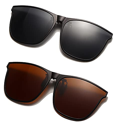 Long Keeper Polarisierte Sonnenbrille Clip für Brillenträger - 2 Paar Sonnenbrille Zum Aufstecken Polarisiert, Sonnenbrillen Aufsatz Brille Damen Herren (Grau+Braun) von Long Keeper