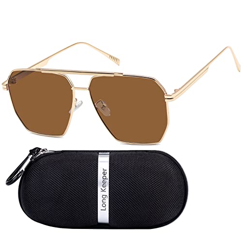 Long Keeper Polarisierte Sonnenbrille für Damen Herren Retro Quadratische Pilotenbrille Übergroße Metallrahmen Klassische Vintage Sonnenbrille UV400 Schutz, Goldener Rahmen, braune Gläser (mit von Long Keeper