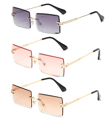 Long Keeper Sonnenbrille Damen Vintage 90s Retro Rechteckig Sonnenbrille Randlos Für Damen Herren Mit Uv Schutz (Farbverlauf grau+Farbverlauf Braun+Farbverlauf rosa) von Long Keeper