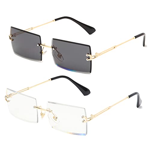 Long Keeper Randlose rechteckige Sonnenbrille UV400 Schutz Antiglare Mode rahmenlose quadratische Brille für Damen Herren, Goldgrau + Goldklar von Long Keeper