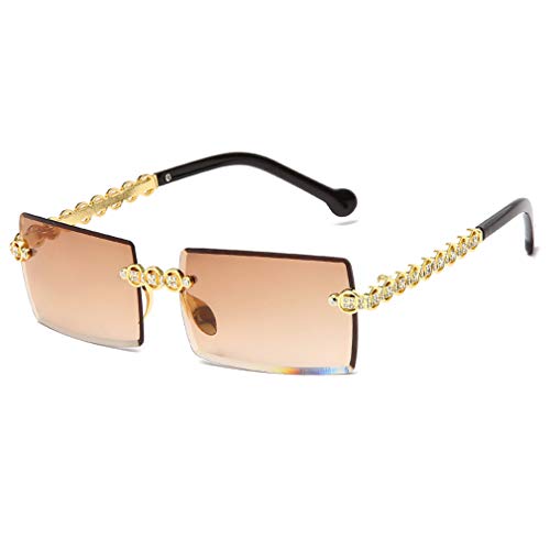 Long Keeper Sonnenbrille Damen Vintage 90s Retro Rechteckig Sonnenbrille Randlos Für Damen Herren Mit Uv Schutz (Tempel mit Strass/Braun) von Long Keeper