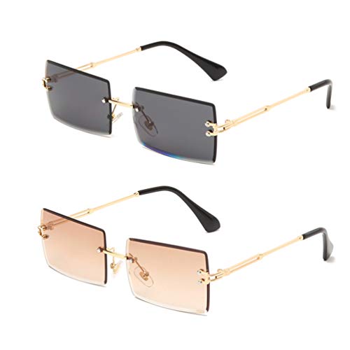 Long Keeper Sonnenbrille Damen Vintage 90s Retro Rechteckig Sonnenbrille Randlos Für Damen Herren Mit Uv Schutz (Dunkelgrau+Farbverlauf Braun) von Long Keeper