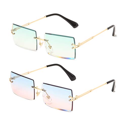 Long Keeper Sonnenbrille Damen Vintage 90s Retro Rechteckig Sonnenbrille Randlos Für Damen Herren Mit Uv Schutz (Farbverlauf Grün+Blau Rosa) von Long Keeper