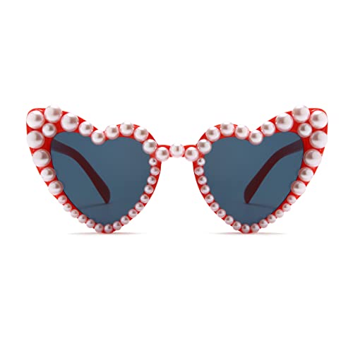 Long Keeper Retro Herz Sonnenbrille Perle - Vintage Sonnenbrille Damen Herzform mit Perlen Vintage Herzbrille Party Aesthetic UV400 Schutz von Long Keeper