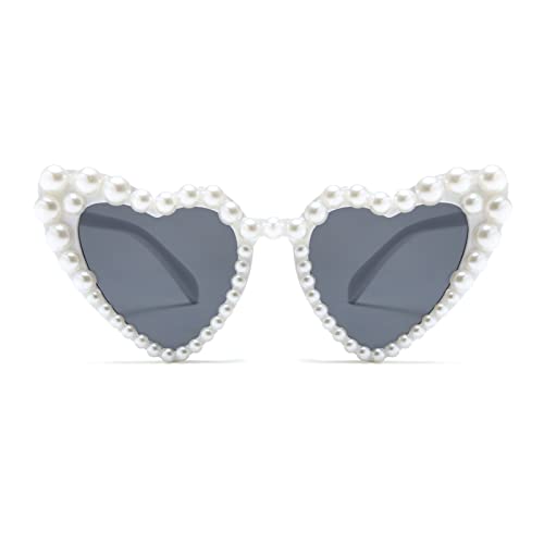 Long Keeper Retro Herz Sonnenbrille Perle - Vintage Sonnenbrille Damen Herzform mit Perlen Vintage Herzbrille Party Aesthetic UV400 Schutz von Long Keeper