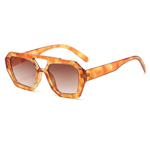 Long Keeper Retro Klassisch Piloten Sonnenbrille Flach Quadratische Doppelsteg Trendy eckig 70er Brille (LeopardFarbverlaufBraun) von Long Keeper