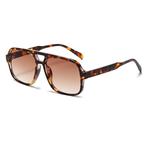 Long Keeper Retro Klassisch Piloten Sonnenbrille für Damen Herren 70er Doppelsteg Flach Quadratische überdimensional Sonnenbrille (LeopardStufenlosBraun) von Long Keeper