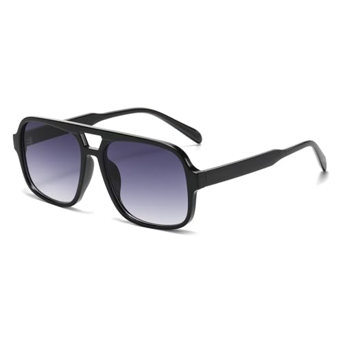 Long Keeper Retro Klassisch Piloten Sonnenbrille für Damen Herren 70er Doppelsteg Flach Quadratische überdimensional Sonnenbrille (SchwarzGradualGrey) von Long Keeper