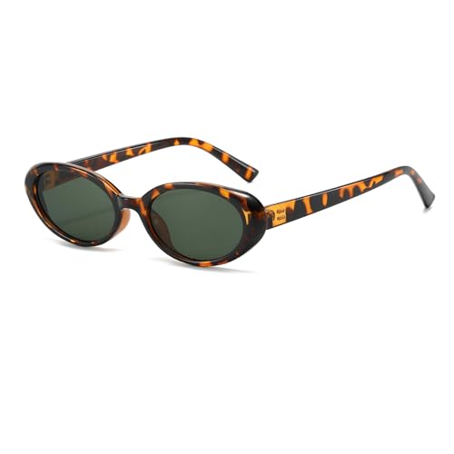Long Keeper Retro Ovale Sonnenbrille Damen Kleine Sonnenbrille Oval Mode Vintage Katzenauge Sonnenbrillen 90er Ovale Brille UV400 für Damen Herren (Leopard Rahmen/Dunkelgrün Gläser) von Long Keeper