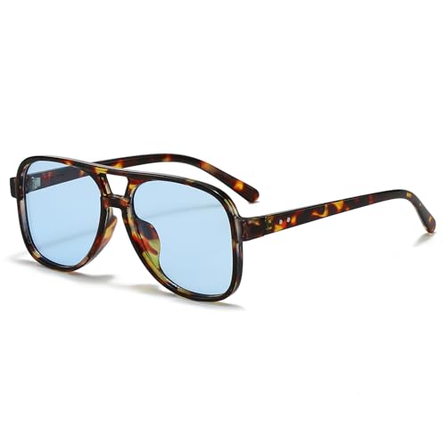 Long Keeper Retro Pilot Sonnenbrille Pilotenbrille Herren Damen Quadratisch Sonnenbrille Groß 70er Klassisch Eckige Pilot Retro Brille mit UV400 Schutz (Leopard Rahmen – Blau Gläser) von Long Keeper