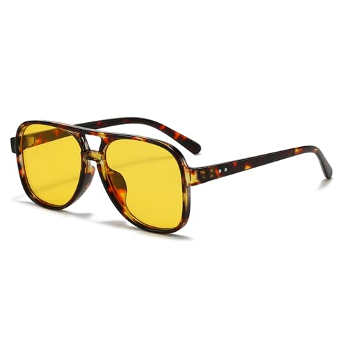 Long Keeper Retro Pilot Sonnenbrille Pilotenbrille Herren Damen Quadratisch Sonnenbrille Groß 70er Klassisch Eckige Pilot Retro Brille mit UV400 Schutz (Leopard Rahmen – Gelb Gläser) von Long Keeper