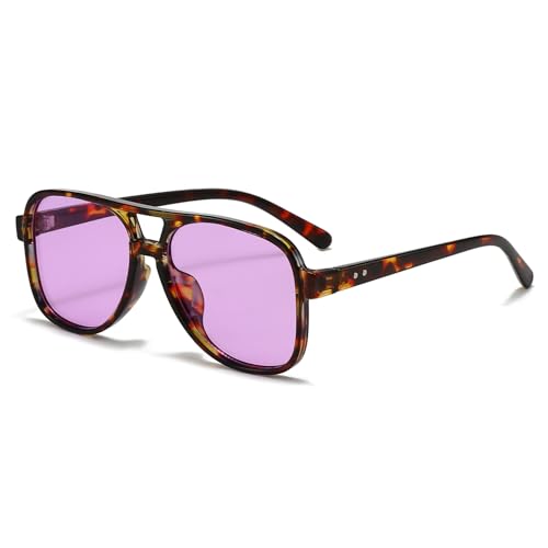 Long Keeper Retro Pilot Sonnenbrille Pilotenbrille Herren Damen Quadratisch Sonnenbrille Groß 70er Klassisch Eckige Pilot Retro Brille mit UV400 Schutz (Leopard Rahmen – Lila Gläser) von Long Keeper