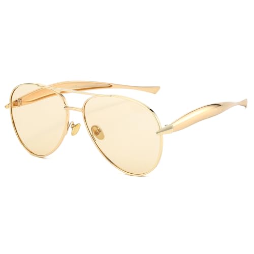 Long Keeper Retro Piloten Sonnenbrille Damen Herren Metall Oversize Pilotenbrille 70er Flieger Sonnenbrille Gold Groß Klassisch Pilot Brille mit UV400 Schutz (Gold Rahmen - Champagner Gläser) von Long Keeper