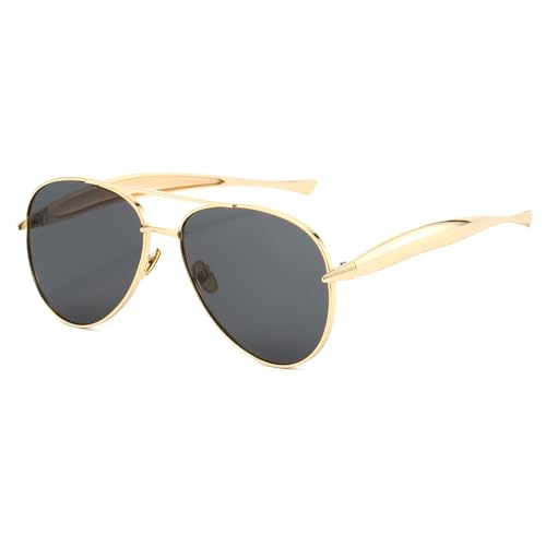 Long Keeper Retro Piloten Sonnenbrille Damen Herren Metall Oversize Pilotenbrille 70er Flieger Sonnenbrille Gold Groß Klassisch Pilot Brille mit UV400 Schutz (Gold Rahmen - Schwarz Grau Gläser) von Long Keeper