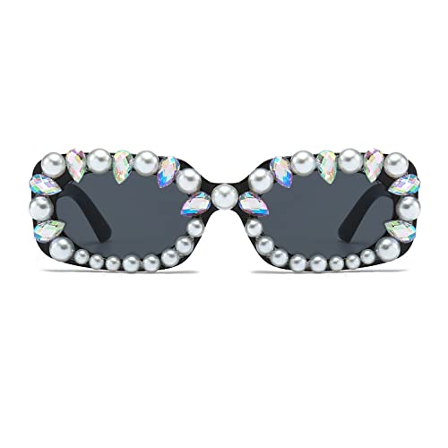 Long Keeper Retro Rechteckige Sonnenbrille Perlen und Strass für Herren Damen Mode Partybrille Fancy Festival Sonnenbrille Eckig Vintage UV Schutz, 52MM von Long Keeper